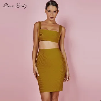 

Deer Lady Rayon Bandage Dress Women 2019 New Arrivals two Piece Bandage Set Bodycon Sexy Bandage Crop Tops Set For Party Club
