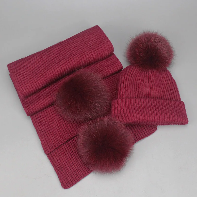 Winter Beanies Fox Pompom Fur Wool Knitted Hat The Female Of The Mink Caps Beanie Hats For Women Girl 'S Hats Scarves Cap Scarf - Цвет: Wine