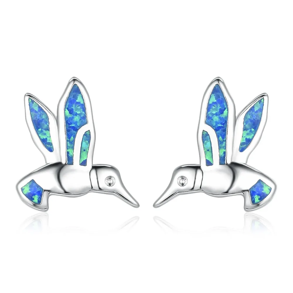 

Luxury Lady 925 Sterling Silver Animal Stud Earrings Geometric White/Blue Fire Opal Fly Bird Earrings Women Jewelry Gifts