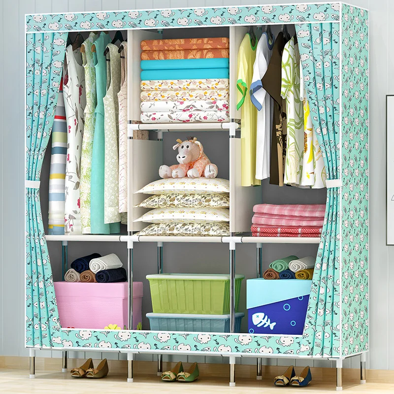 Double Pole Clothing Closet Dress Rack Bedroom Storage Organizer Cabinet Portable Folding Cloth Wardrobe for Home Furniture Double Pole Clothing Closet Dress Rack Bedroom Storage Organizer Cabinet Portable Folding Cloth Wardrobe for Home Furniture