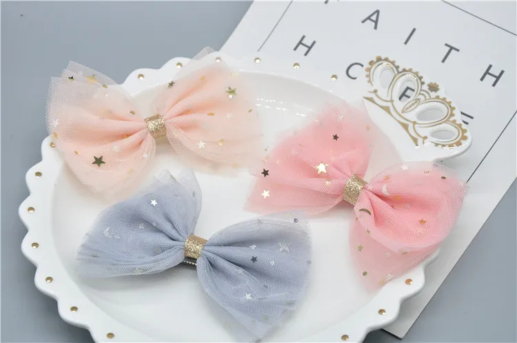 Newest 1 piece Star Big Mesh Lace Bows Accessories With Clip Boutique Bow Hairpins Hair Ornaments