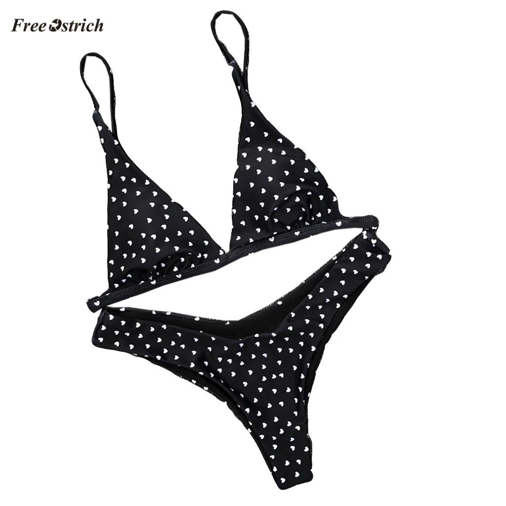 

Free Ostrich Clothes lingerie Women Love Printing Set Push-Up Padded Bra Biquini Set Swimming split suit Sexy underwear summer