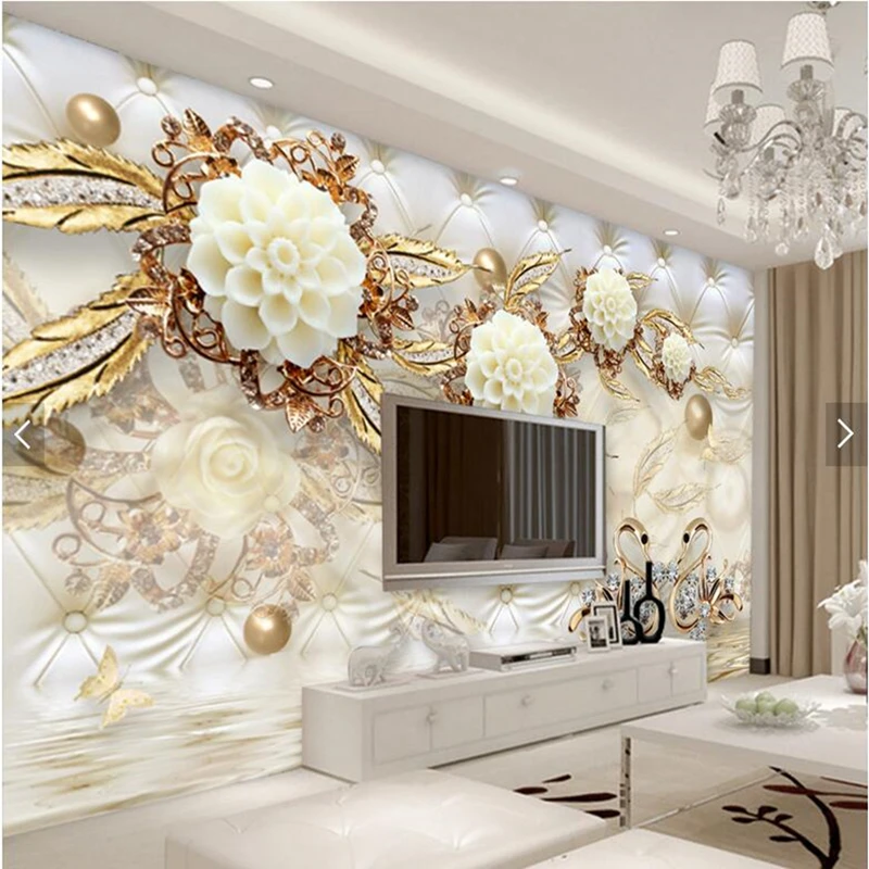 Custom Papel De Parede 3d, Golden White Flowers And Jewelry For Murals  Living Room Bedroom Dining Room Tv Background Wall Waterp - Wallpapers -  AliExpress