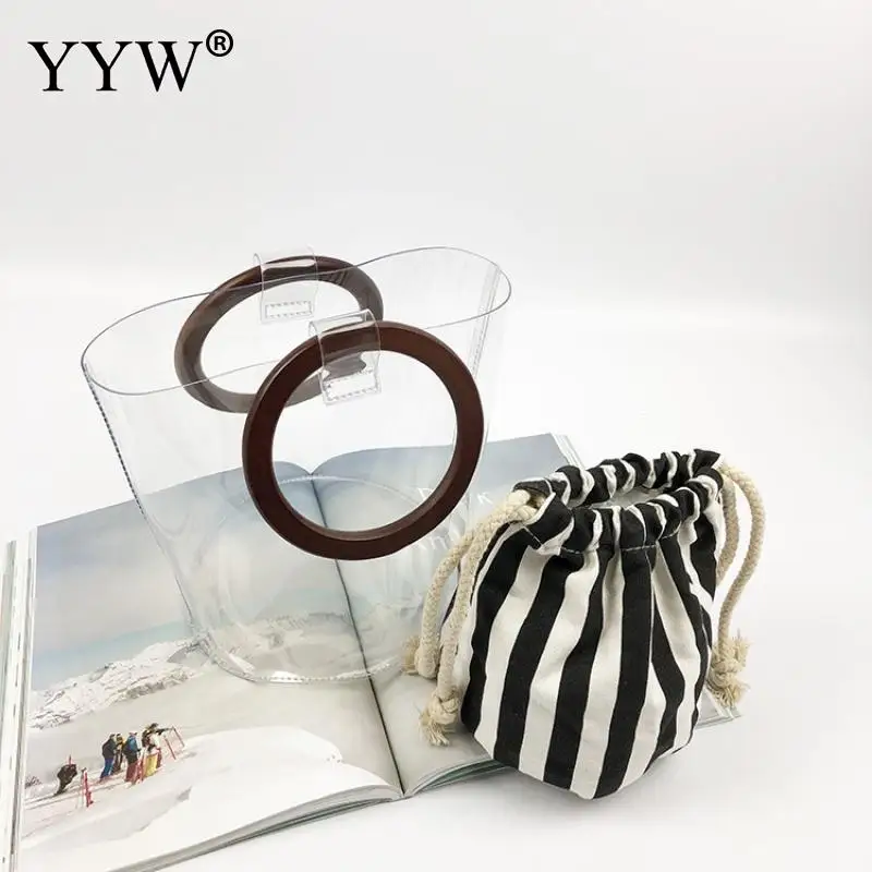 

PVC Women Handbags Jelly Tote Luxury Designer Bucket Bags Wood Ring Top Handle Beach Bags Females Canvas Strip Tote Transparent
