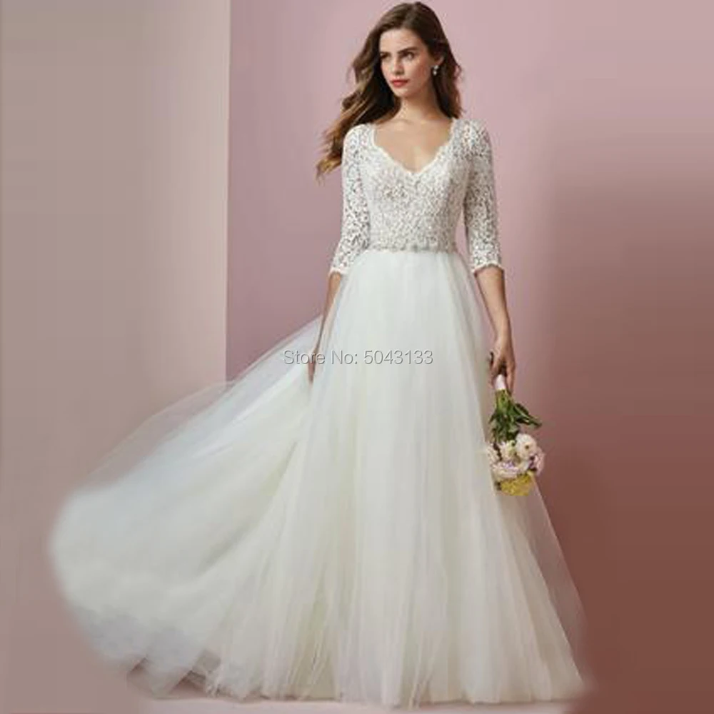 

Boho Beach Wedding Dresses with Beaded Sash Lace V Neck Backless Wedding Bridal Gowns Half Sleeves Floor Length Vestidos