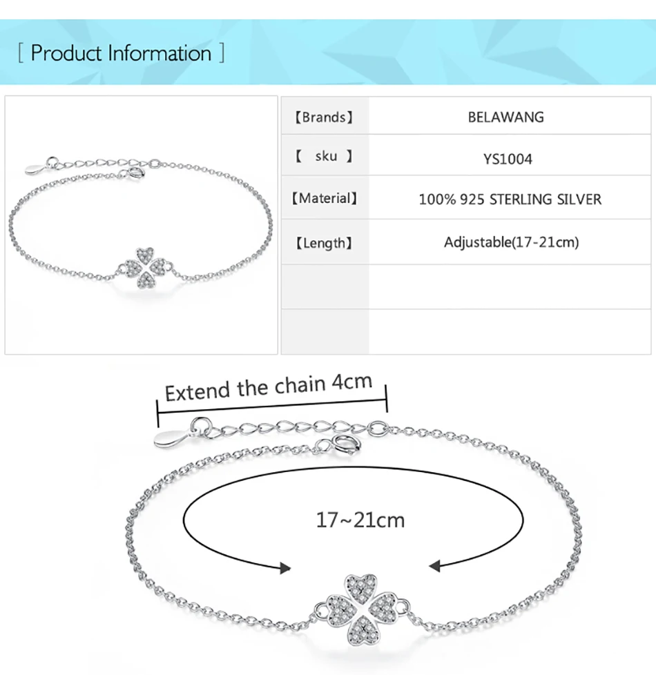 BELAWANG, настоящий Серебряный браслет-цепочка 925 пробы, Женский CZ Кристалл, символ любви, клевер, очаровательные браслеты и браслеты