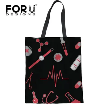 

FORUDESIGNS Fashion Nurse Hearbeat Pattern Folding Women Shopper Bags Canvas School Girls Storage Handbags Women Shopping Bags