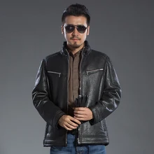 Мотоциклетная куртка из натуральной кожи; Модная Повседневная зимняя куртка с воротником-стойкой из натуральной овечьей кожи; черная кожаная куртка