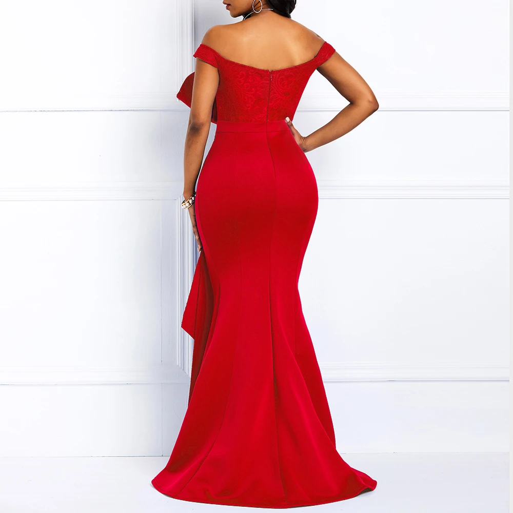 Облегающие Красные кружевные африканские вечерние платья русалки женские вечерние Большие размеры 3XL элегантные длинные сексуальные с открытой спиной и плечами платье