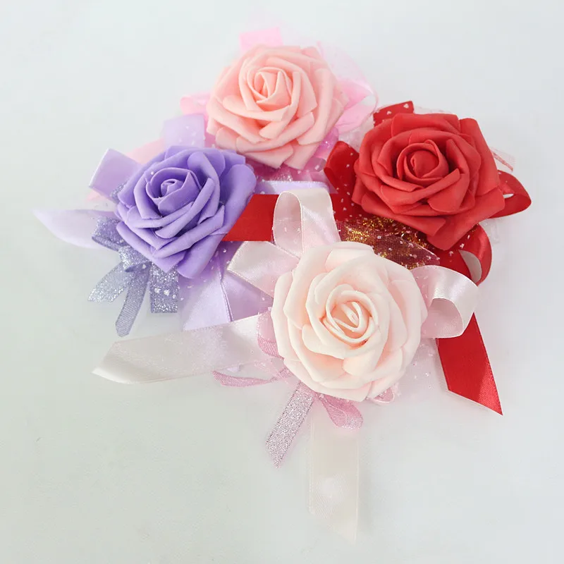  Flone Artificial Rose Flower Wedding Wrist Flower Hot Pink Bridesmaid Silk Corsage Hand Flowers Wedding Party Decor Floral (2)