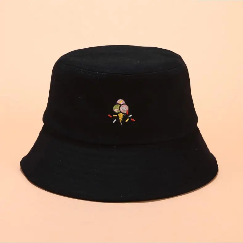 Креативная шляпа-ведро с вышивкой, унисекс, милая Кепка с изображением мороженого Боба, хип-хоп Gorros, мужская летняя кепка s, Панама, шляпа-ведро для рыбалки - Цвет: black