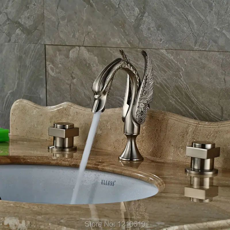 

Newly Euro Style Bathroom Sink Faucet Three Holes Nickel Brushed Swan Basin Mixer Faucet Tap Deck Mount
