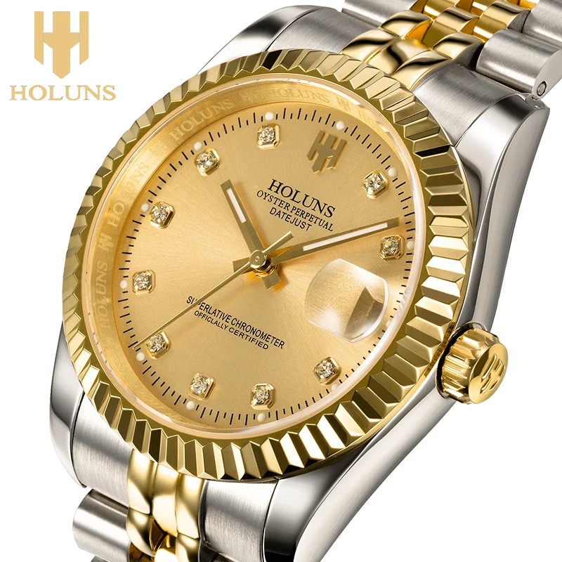 US $59.80 HOLUNS luxury automatic mechanical men gold watches Japan movement full Stainless Steel 100 Waterproof Wrist Watch for men