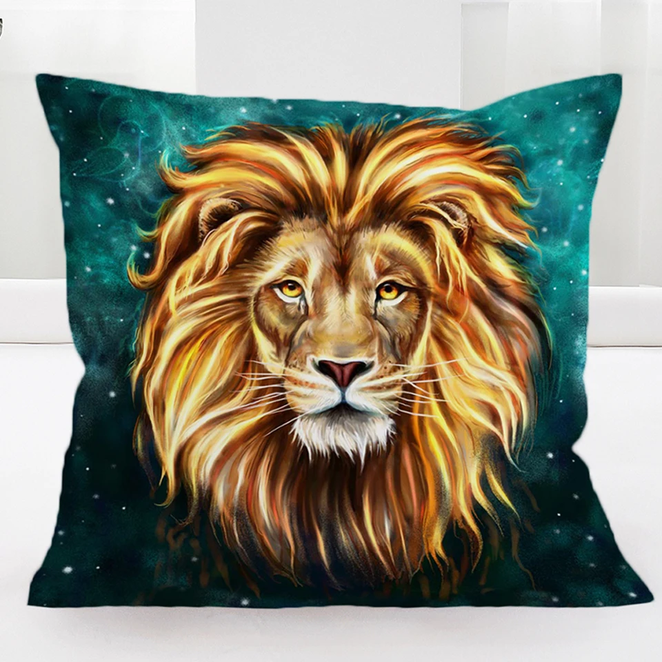BlessLiving Gold Lion Pillow Cover Artistic Lion Face Cushion Cover 3D Oil Painting Pillow Case Wild Animal Teal Blue 45x45cm
