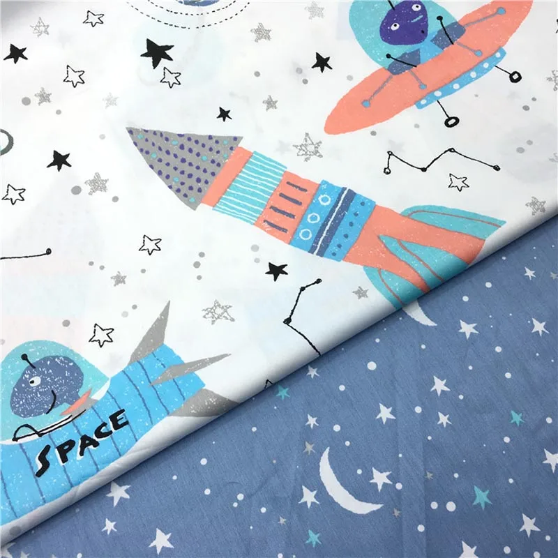 

100% cotton twill cloth white BLUE cartoon space stars Spaceship rocket fabrics for DIY bedding quilting handwork decoration