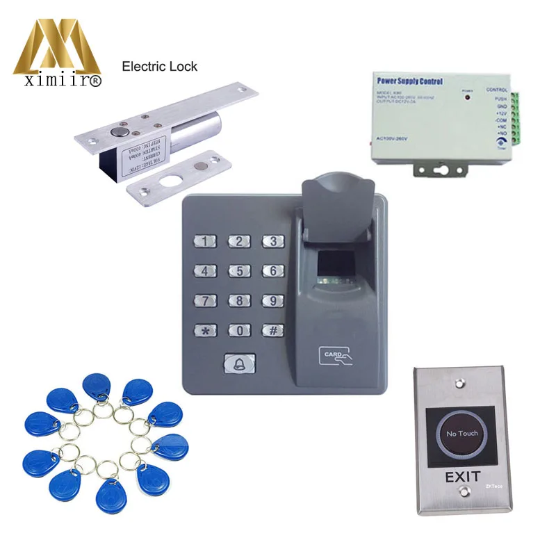 

Single door standalone fingerprint and ID card access control with electric lock 12V3A power supply infrared exit button ID key