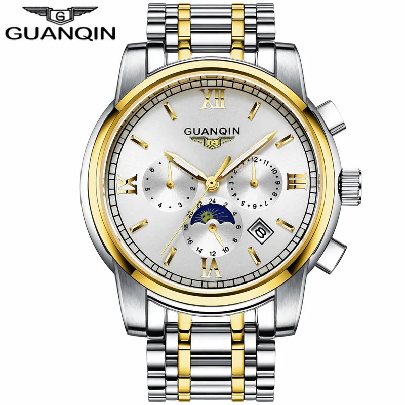 GUANQIN мужские часы Лидирующий бренд роскошная мужская одежда для бизнеса повседневные часы из нержавеющей стали водонепроницаемые автоматические механические наручные часы - Цвет: Gold White