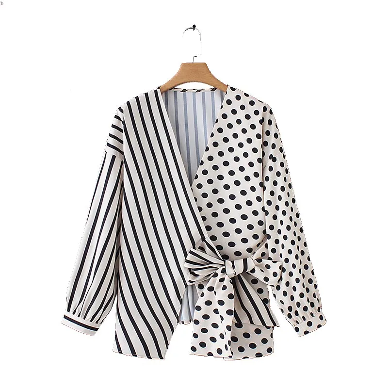 

CS1906 European Design Striped And Dot Print Spliced Bow Knot Deco V Neck Long Sleeve Blouse Chic Shirts Tops