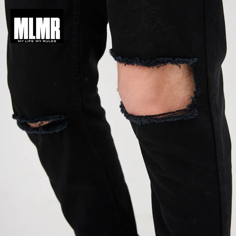 MLMR мужские эластичные хлопковые черные рваные повседневные брюки M | 218114564|Узкие