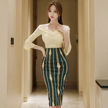 

2020 Autumn Two Piece Party Sets Flare Sleeve Yellow Blouse Pencil Bodycon Print Skirt Knee-Length Sexy Dress