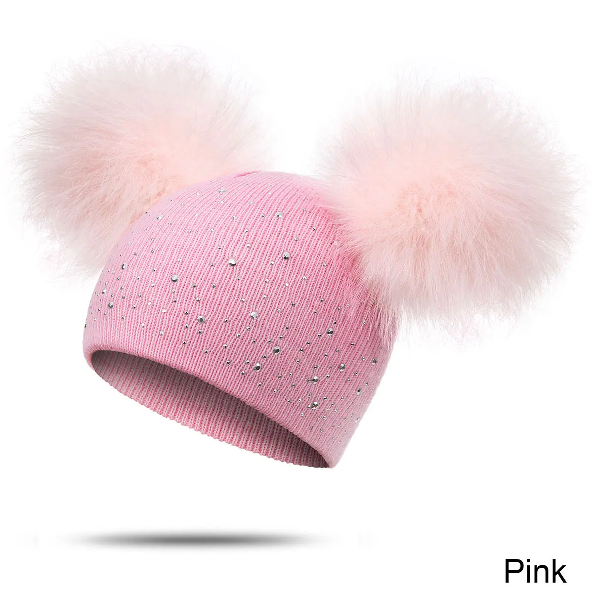 New Winter Hat Girls 2 Pompoms Boys Skullies Beanies with Bright Diamond Knit Warm Hat Boy And Girl Outdoor Cap - Цвет: pink