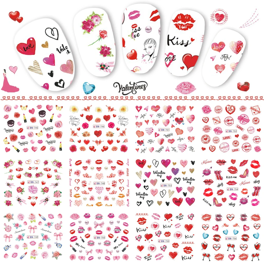 

12 Designs Valentine Nail Stickers Heart Rose Red Lips Gifts Water Transfer Decals Decorations for Nail Art Manicure TRBN745-780