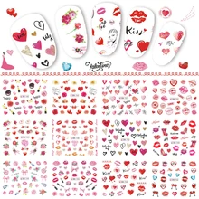 12 Designs Valentine Nail Stickers Heart Rose Red Lips Gifts Water Transfer Decals Decorations for Nail Art Manicure TRBN745 780
