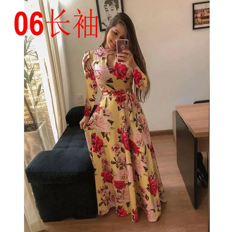 long sleeve 6 По сравнению с Размеры Повседневное Для женщин летнее платье из набивной ткани роковой вечерние платья Для женщин пуловер размера плюс уличная длинное Бандажное Макси платье - Цвет: long sleeve 6
