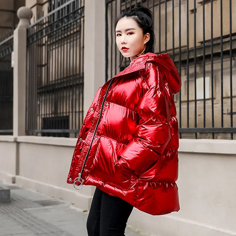

Glossy Cotton Coat Women Parka Short Jacket Coat 2019 Fashion New Thick Cotton Clothes Loose Bread Hooded Winter Coat Women 874