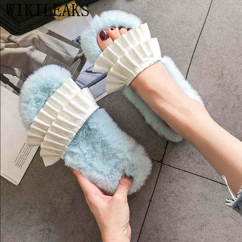 Slippers Women Ladies Shoes Slip On Slider Fluffy Faux Fur Flat Fashion Home Female Casual 