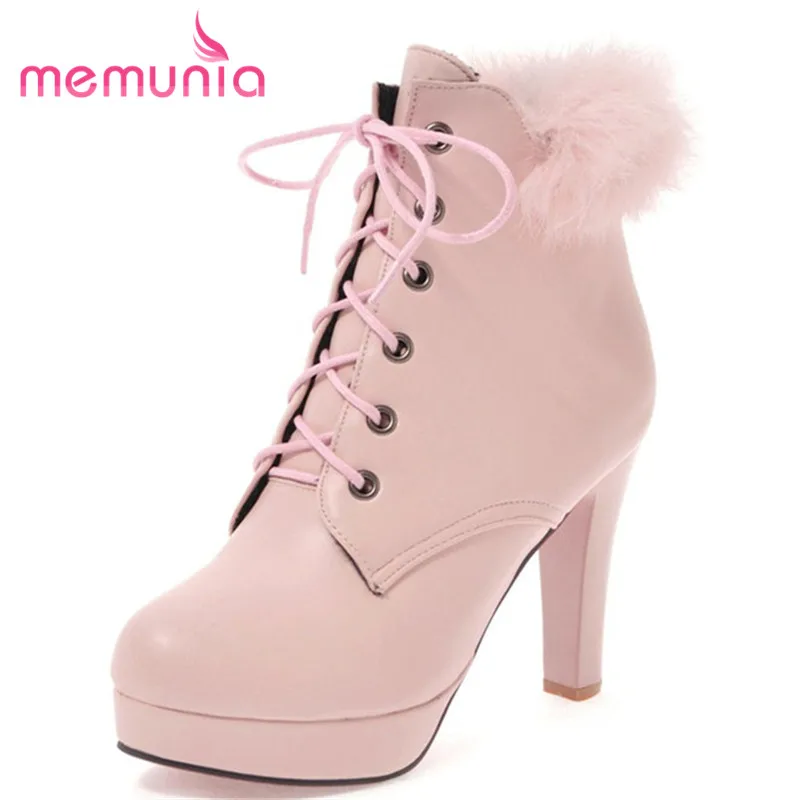 

MEMUNIA 2020 new ankle boots for women fashion lace up boots sweet faux fur round toe boots extreme high heels women boots