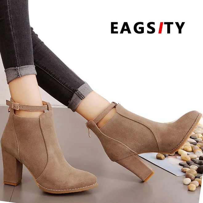 EAGSITY suede Chelsea Women motorcycle boots block heel ankle short ...