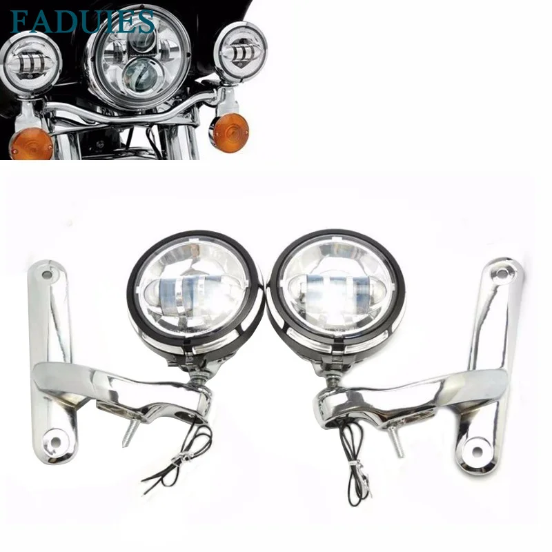 Faduies 4 1/2" Black Chrome Led Auxiliary Lighting With Motorcycle 4.5 Inch Fog Light Brackets