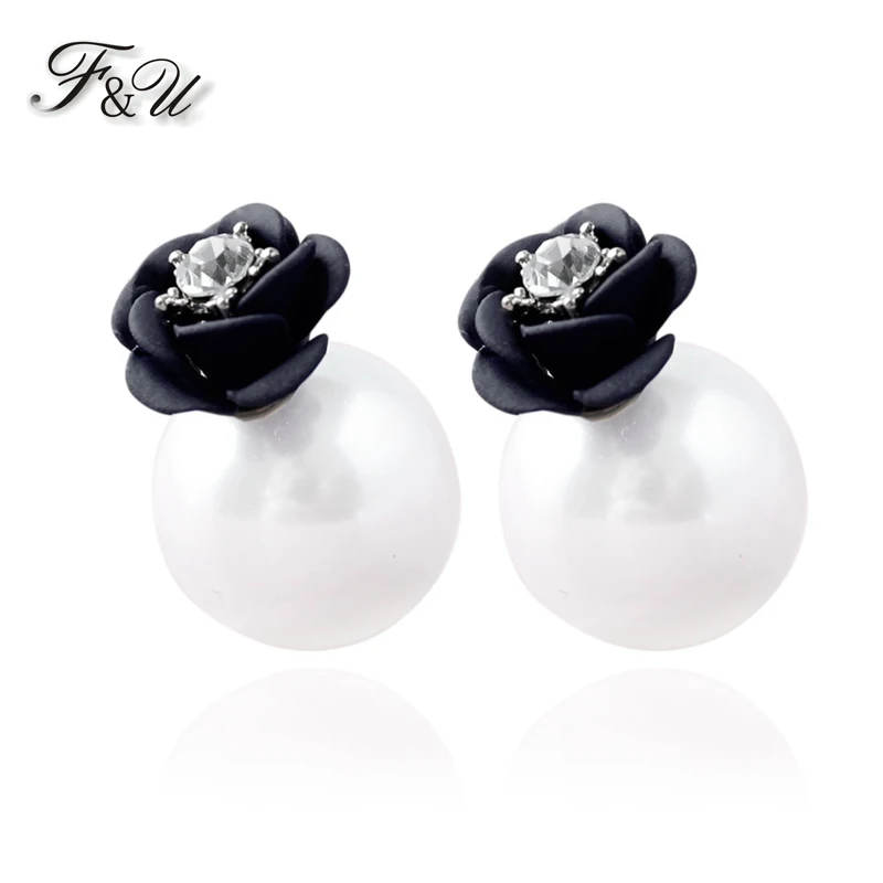 

F&U Unique Design Exquisite Different Colors of Rose Flower Double Sided Pearl Earrings Stud for Girls