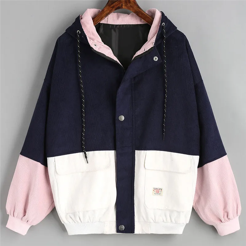 

Women Long Sleeve Corduroy Patchwork Oversize Jacket Windbreaker Coat Overcoat 2019