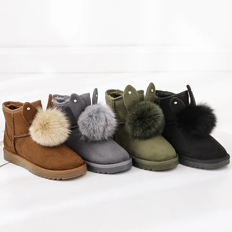 

Comfortable warm wear-resistant non-slip winter women's snow boots plus fluffy ball rabbit ear design winter women's shoes