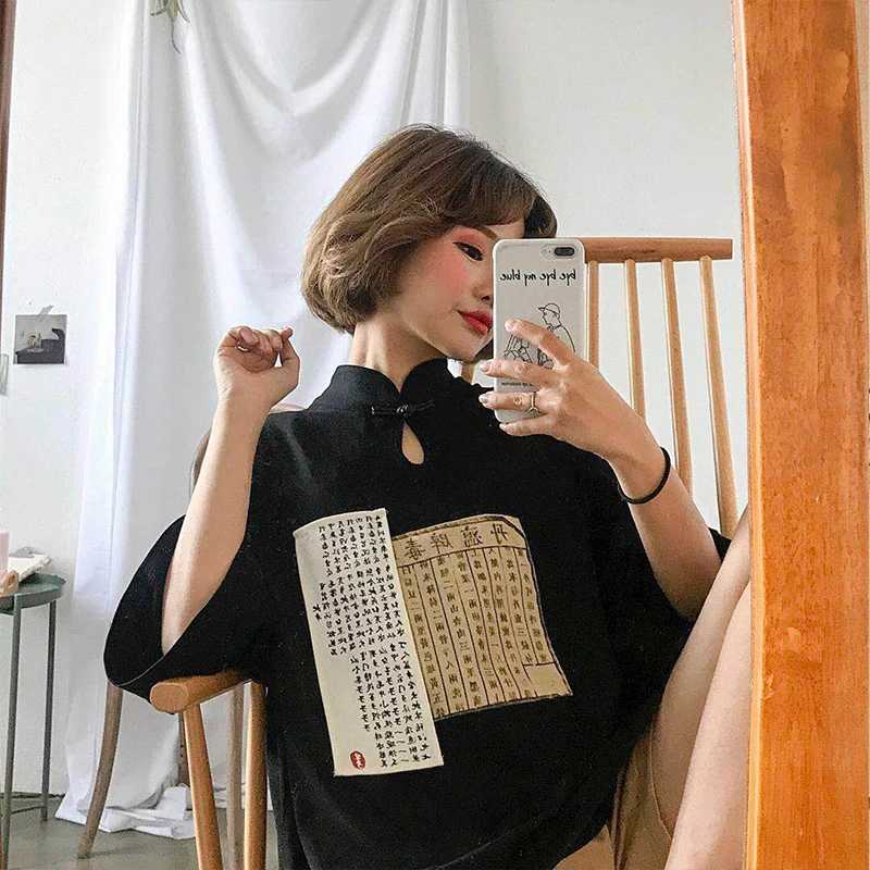 

Harajuku Half Sleeve T-shirt Tang Suit shirt Bf Summer Chinese Style Collar Buckle Short-Sleeved Female Loose Korean