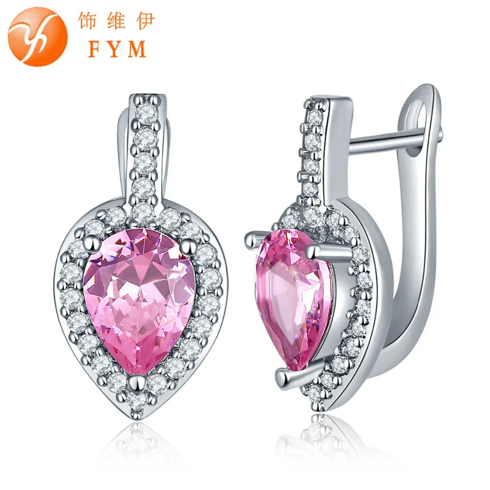 

FYM Brand 7 Colors Sliver Plated Big Pink Crystals Zircon Earrings Micro Paved White CZ Hoop Earrings Luxury Jewelry women