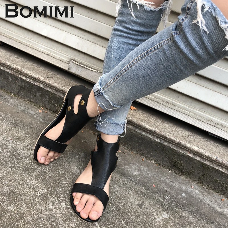 

BOMIMI Women Sandals Soft Leather Gladiator Sandals Ladies Casual Summer Shoes Female Flat Sandals Plus Size Soft Slippers