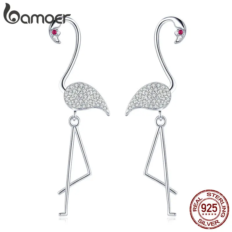 

BAMOER Fashion 925 Sterling Silver Flamingo Drop Earrings for Women Bird Clear Cubic Zircon Earrings Fine Jewelry Gift BSE017
