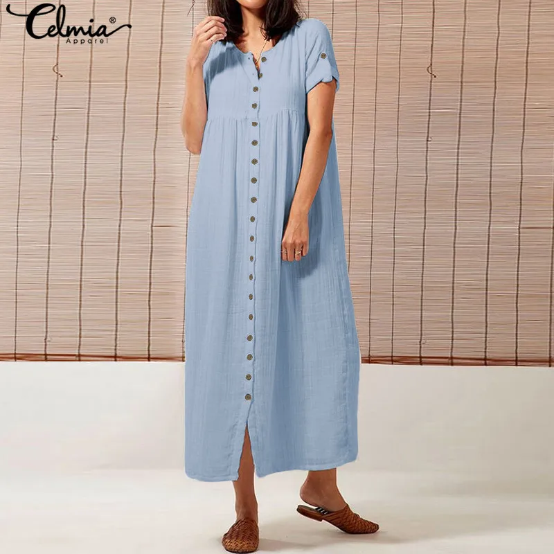 

2019 Celmia Women Vintage Long Dress Plus Size Summer Beach Sundress Female Casual Loose Buttons Down Kaftan Maxi Vestidos Robe