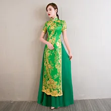 Винтаж Китайский для женщин блестками Длинные Cheongsam Новинка года Вьетнам Aodai платье элегантный воротник стойка Qipao Плюс размеры 3XL 4XL