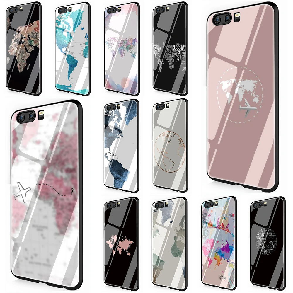 

Travel in the world map Tempered Glass Phone Cover Case For Huawei Y9 Honor 8X 7A pro P10 20 Lite Pro Mate 20 Lite Pro