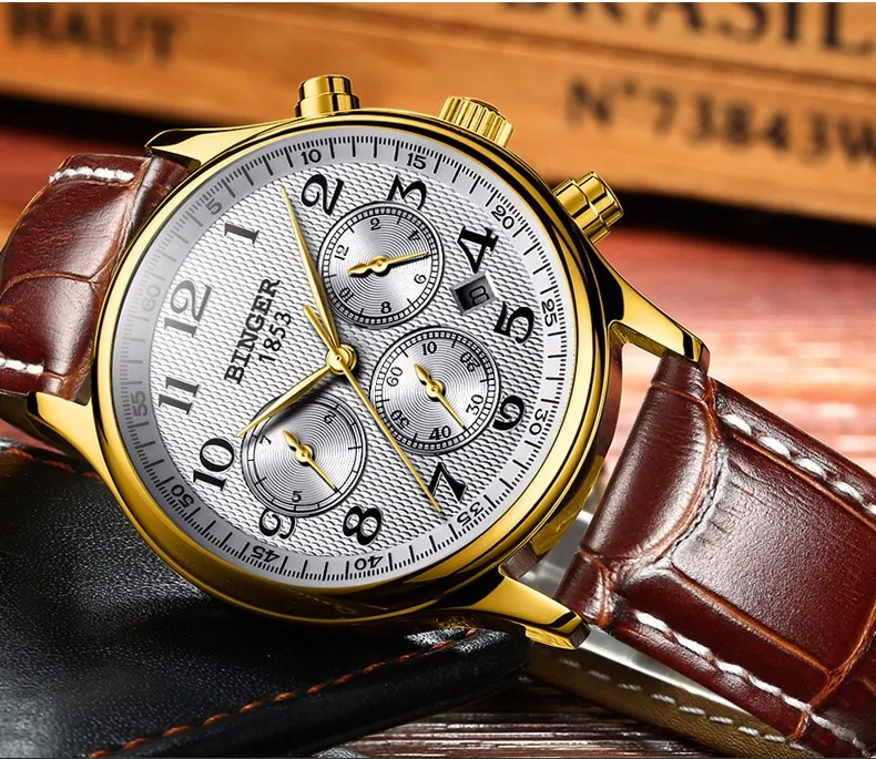 Watches Men Luxury Brand BINGER Automatic Mechanical Watch Waterproof Calendar Leather Wristwatch relogio masculino