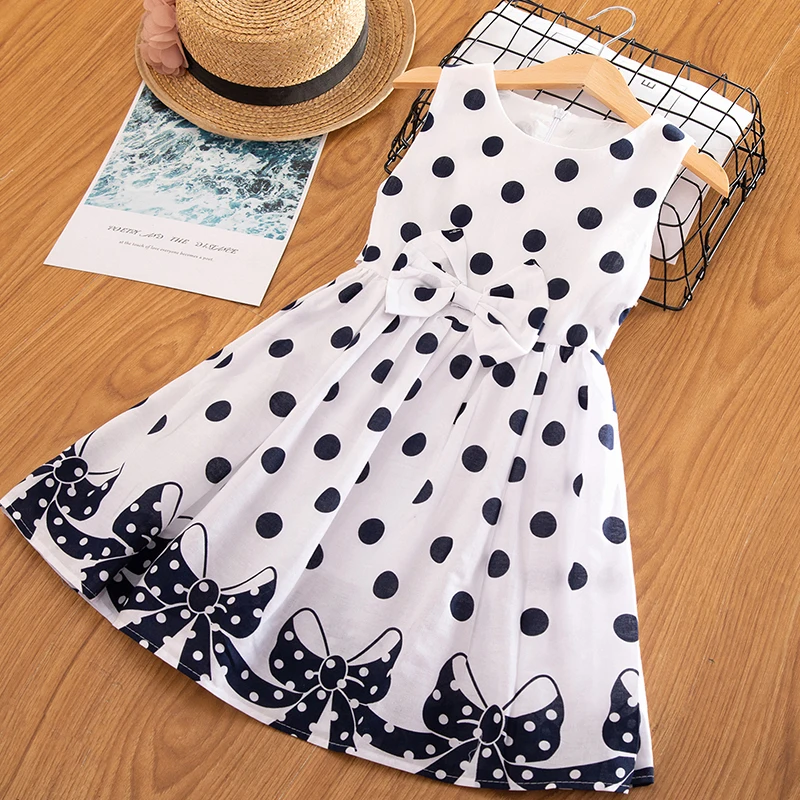 

New Girls Dress Polka Dot Bow Summer Party Birthday Kids Dresses Sleeveless Clothing Size 3-12 For Baby Girl Princess High Waist