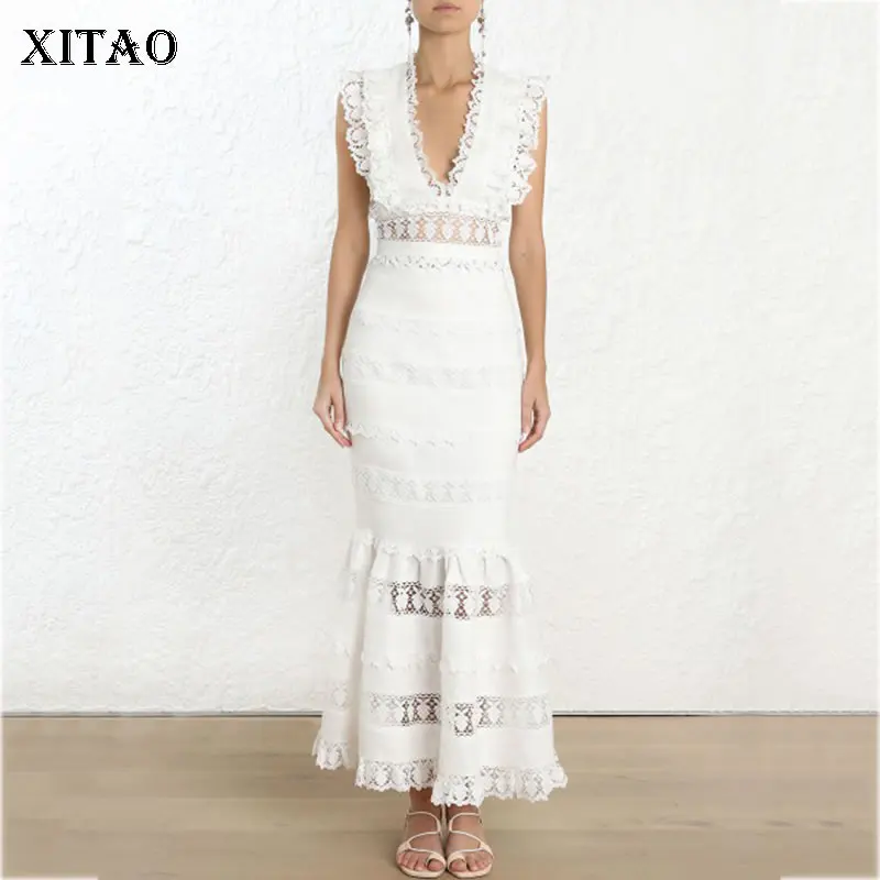 

XITAO Vintage Two Piece Set Off Shoulder V Neck Waist Lace Patchwork Top Women Embroidery Long 2019 Summer Elegant WLD2023