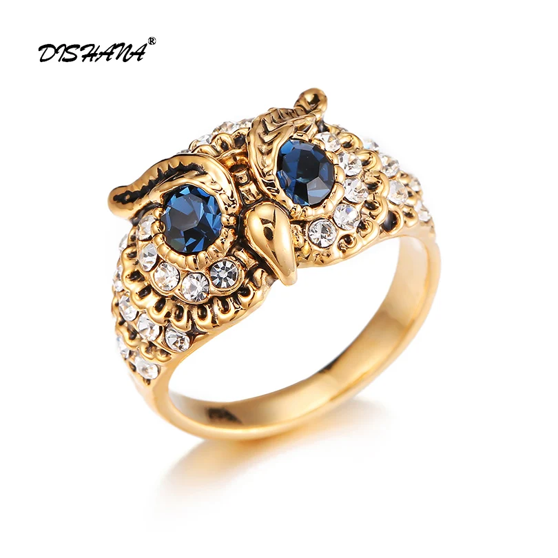 

Fashion Brand Design New Classical Gold Color Jewelry Blue Crystals Eyes Owl Ring For Women/ Men Jewelry KA0005-2