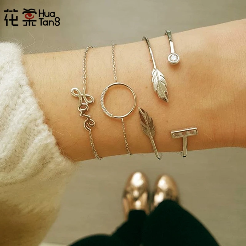 

HuaTang Trendy Gold Color Letter Leaf Circle Bangles Set for Women Open Adjustable Bracelets Bangle Pulseira Jewelry F12410