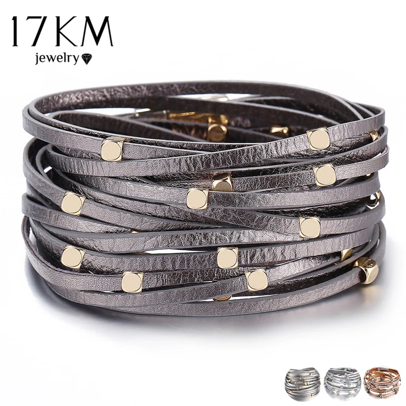 

17KM 4 Fashion Sliver Leather Bracelets 2019 For Women Vintage Multiple Layers Charm Bracelet & Bangles Adjustable Jewelry Gifts