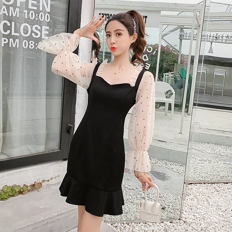 

2019 New Spring French Romantic Black Mini Dress Dot Transparent Long Sleeve Mermaid Dress Women Fishtail Sexy Party Vestidos